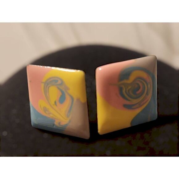 80s Vintage Women's Dreamy Multi-Color Swirl Square Earrings Artsy Retro Groovy - Picture 2 of 4